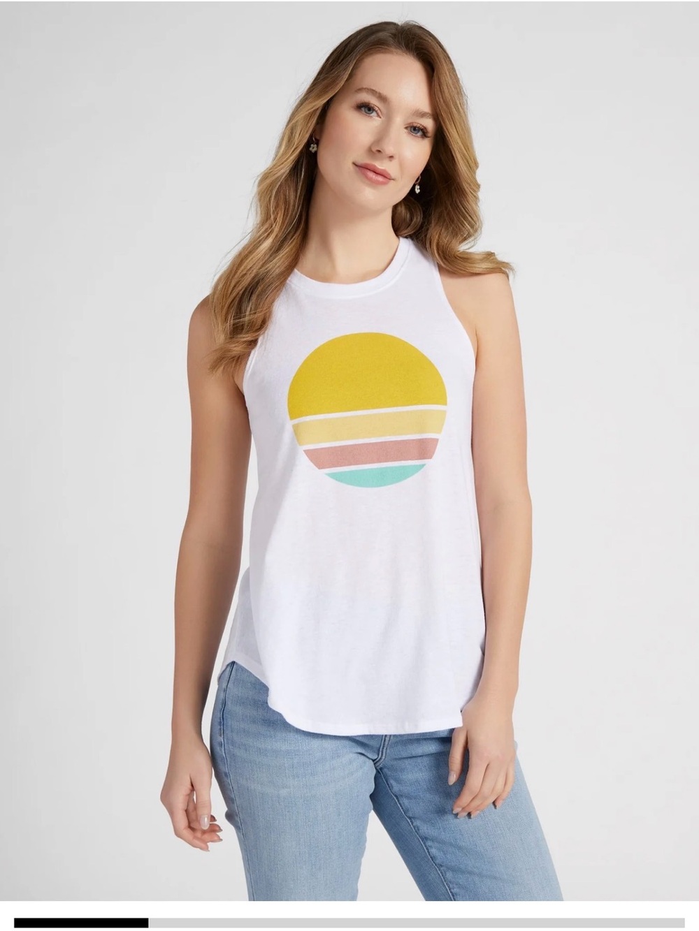 Women’s White Graphic Tank with Yellow & Aqua Sunset Stripe